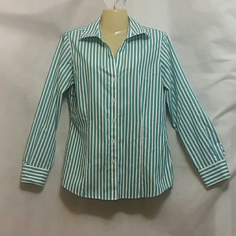 Foxcroft Wrinkle Free Teal Striped Shirt Womens Medium Button Up Wrinkle Free